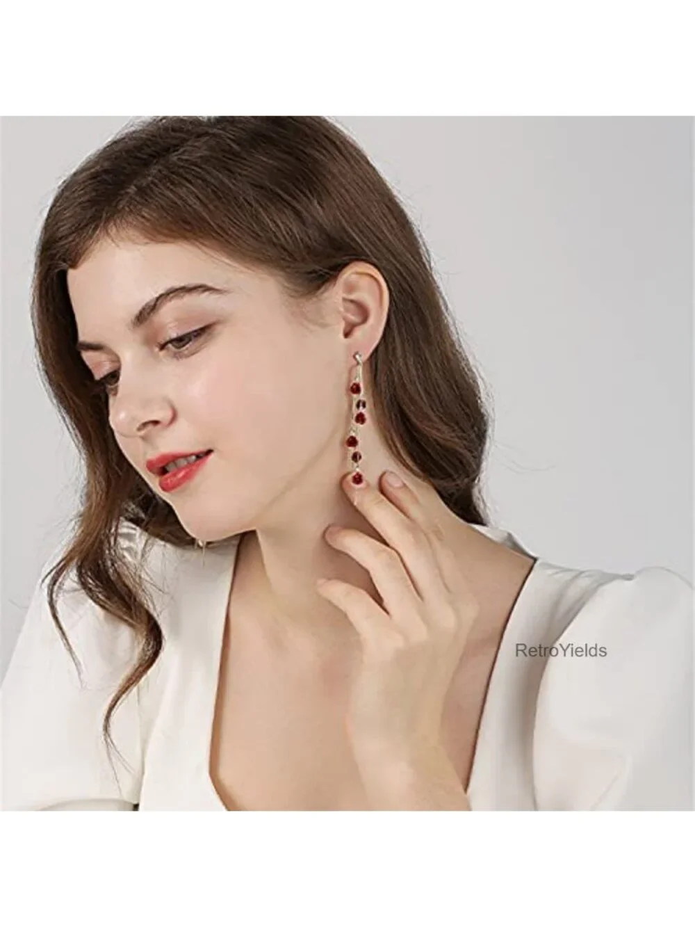 Long Tassel Chain Flower Dangle Drop Stud Earrings with White Crystal for Women